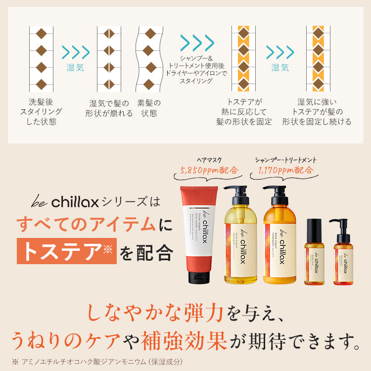 be chillax＞ブローリペアシャンプー・トリートメント・ヘアマスク・デュアルジェルオイル・デザインキープヘアオイル【5点セット】 –  LAUGHBASE